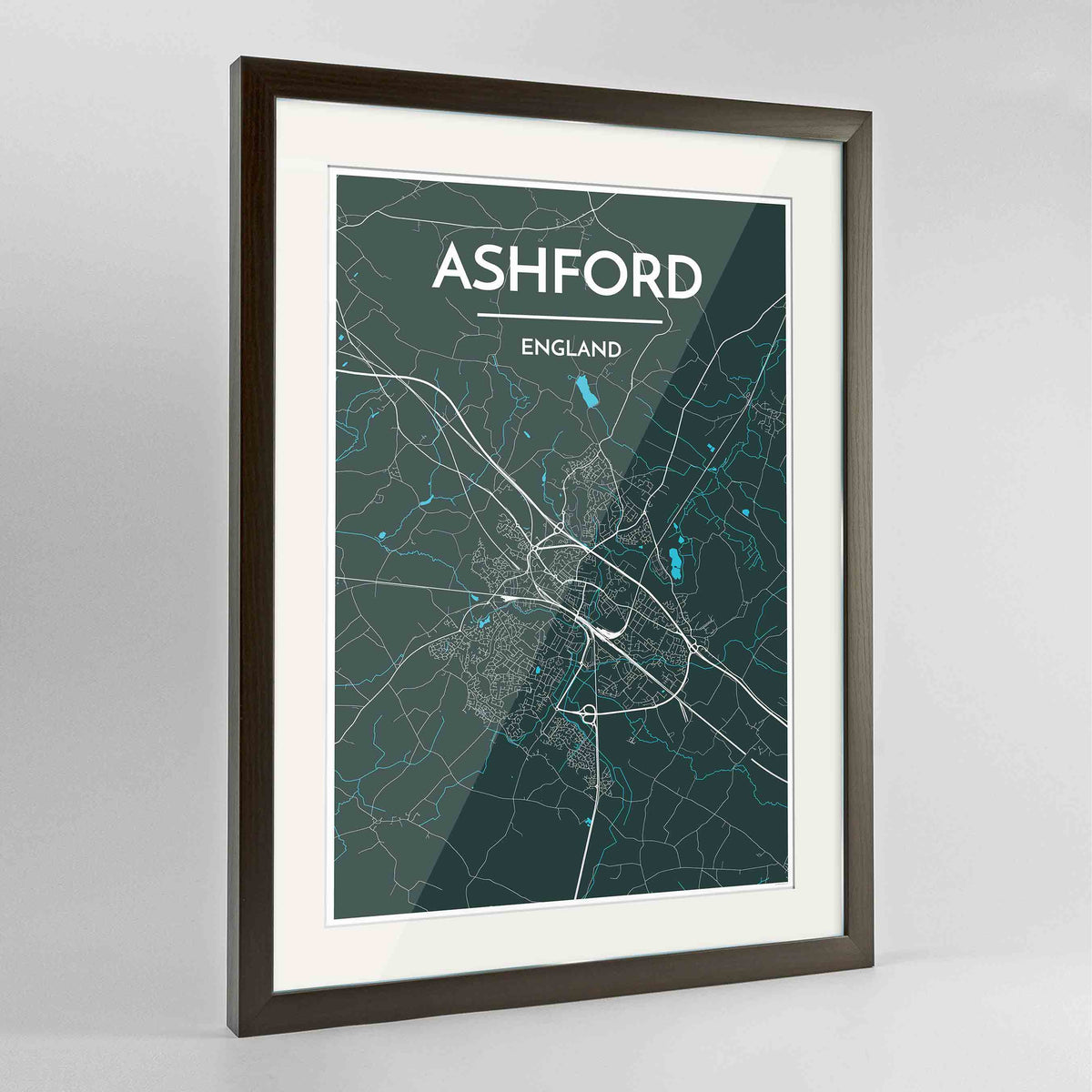 Framed Ashford Map Art Print 24x36&quot; Contemporary Walnut frame Point Two Design Group