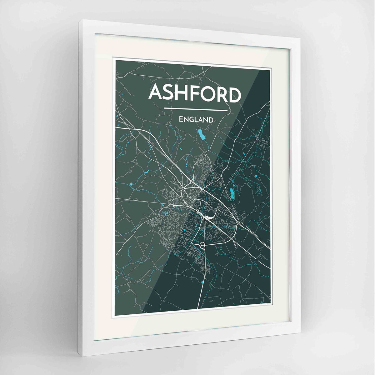 Framed Ashford Map Art Print 24x36&quot; Contemporary White frame Point Two Design Group