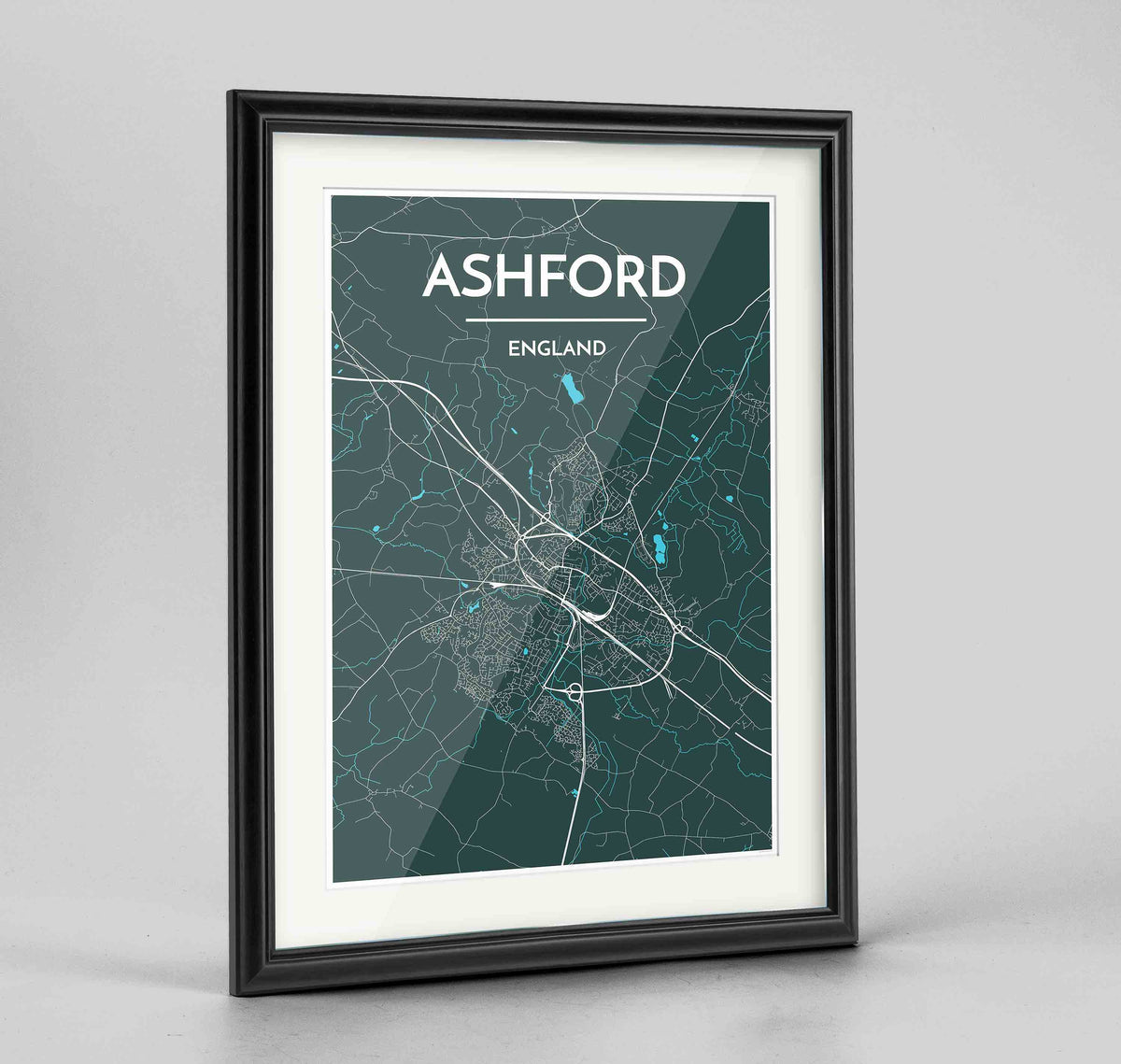 Framed Ashford Map Art Print 24x36&quot; Traditional Black frame Point Two Design Group