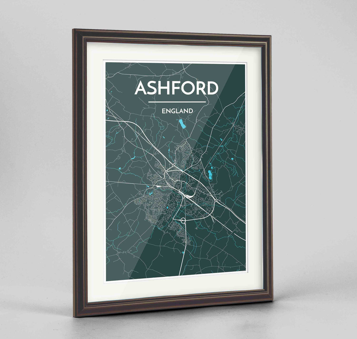 Framed Ashford Map Art Print 24x36&quot; Traditional Walnut frame Point Two Design Group