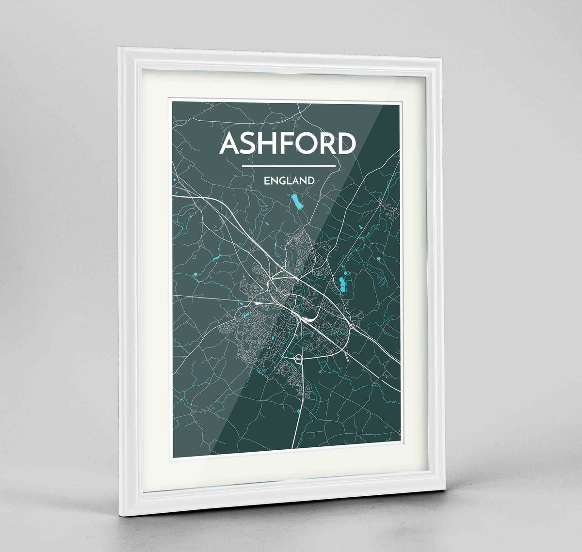 Framed Ashford Map Art Print 24x36&quot; Traditional White frame Point Two Design Group