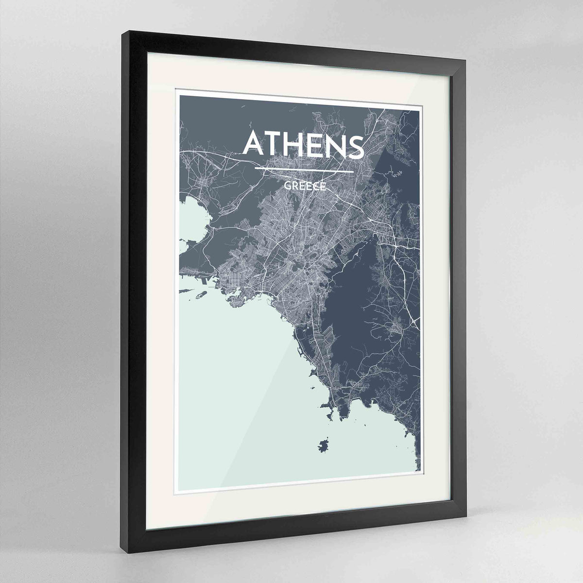 Framed Athens Map Art Print 24x36&quot; Contemporary Black frame Point Two Design Group