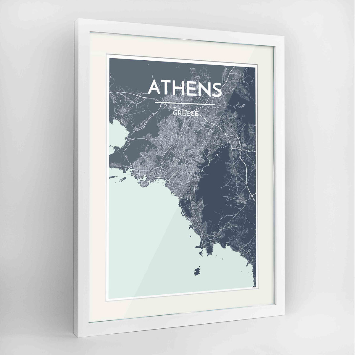 Framed Athens Map Art Print 24x36&quot; Contemporary White frame Point Two Design Group