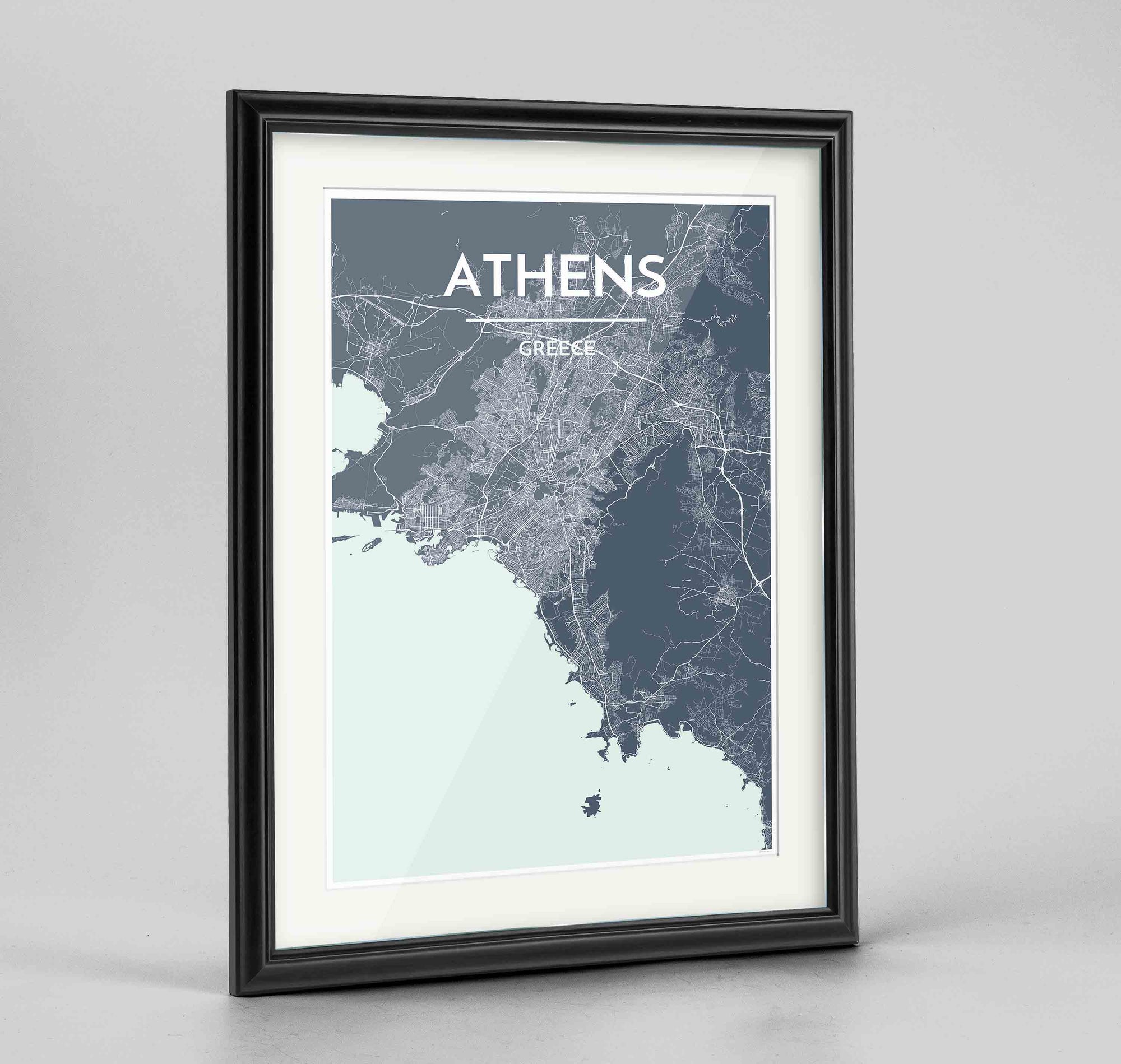Framed Athens Map Art Print 24x36" Traditional Black frame Point Two Design Group