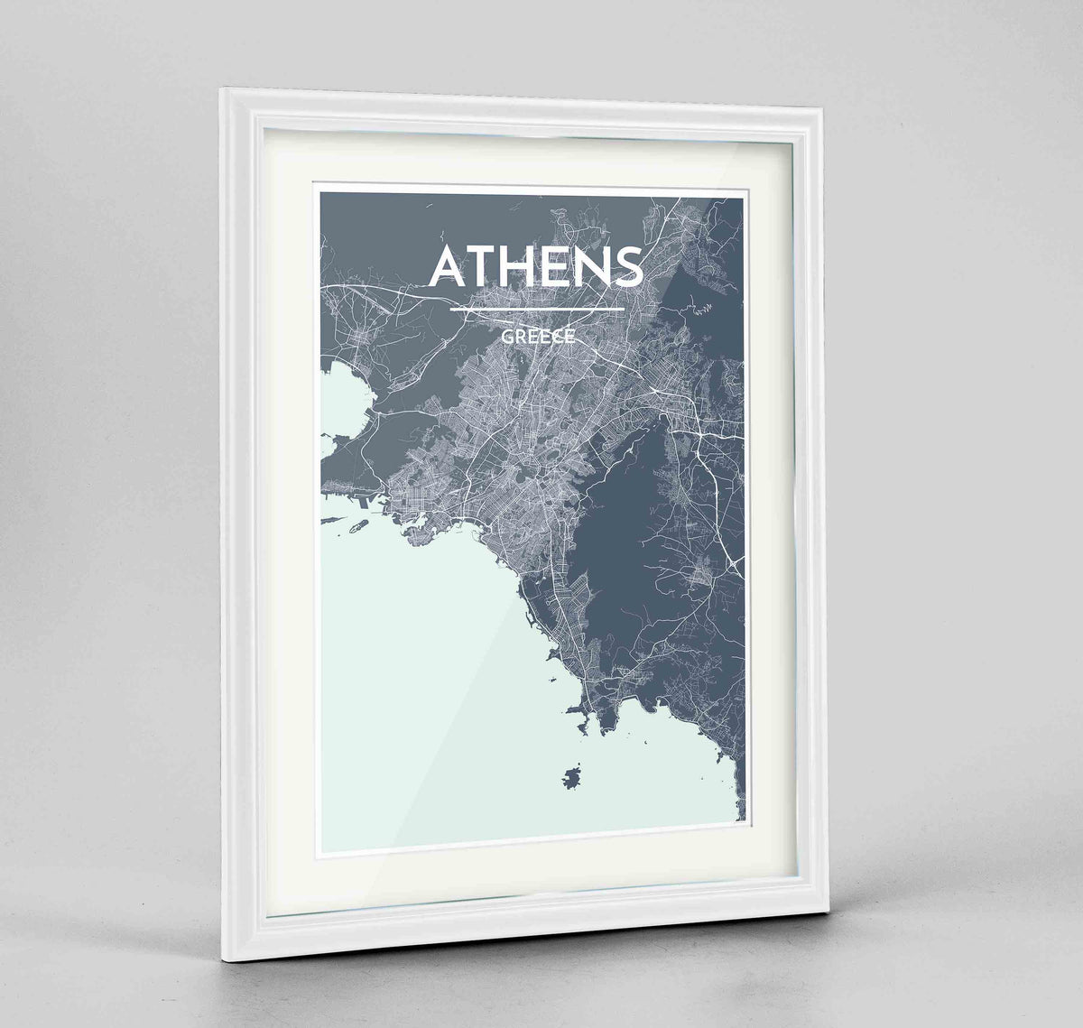 Framed Athens Map Art Print 24x36&quot; Traditional White frame Point Two Design Group