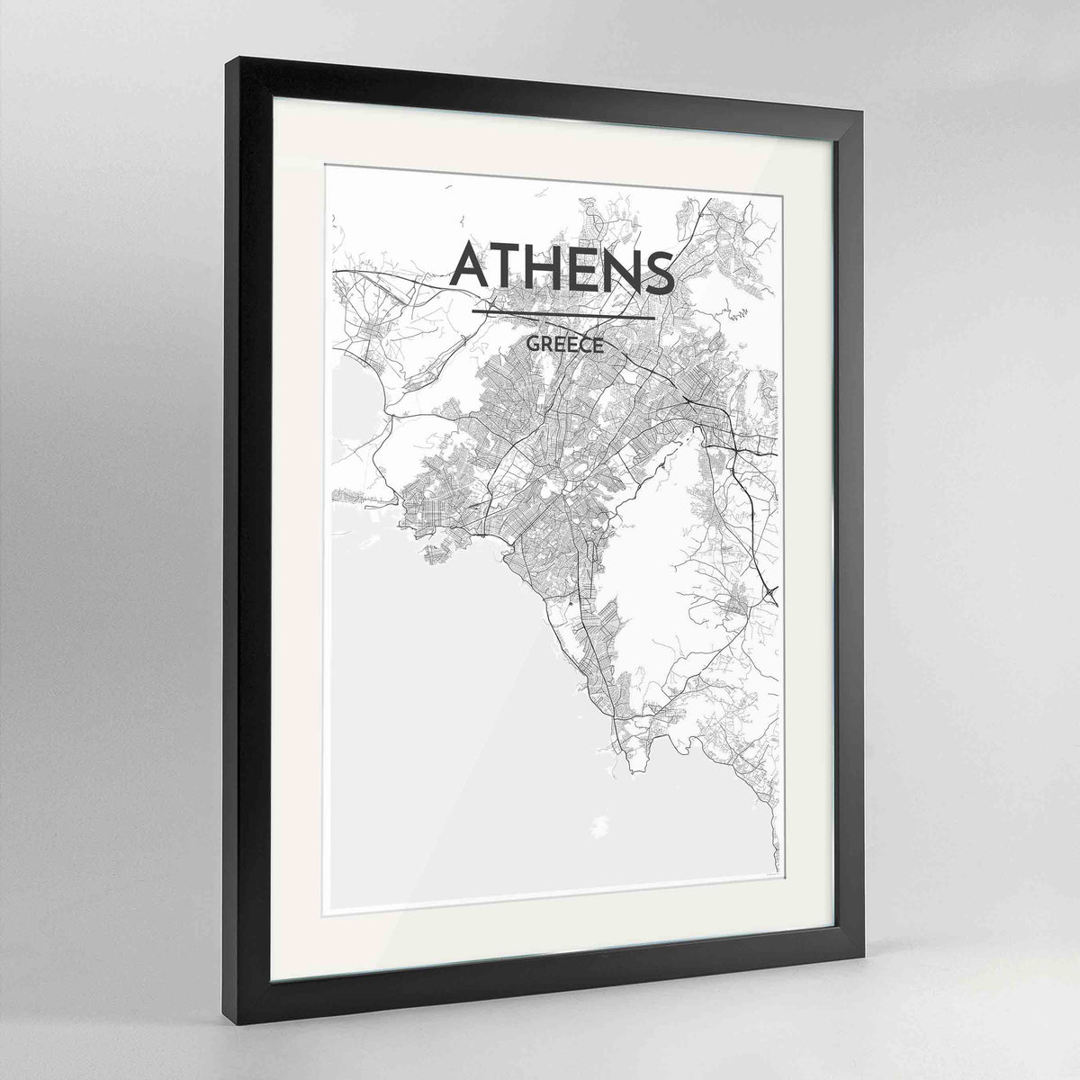 Framed Athens Map Art Print 24x36&quot; Contemporary Black frame Point Two Design Group