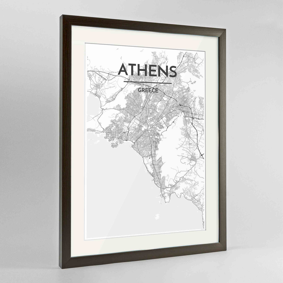 Framed Athens Map Art Print 24x36&quot; Contemporary Walnut frame Point Two Design Group