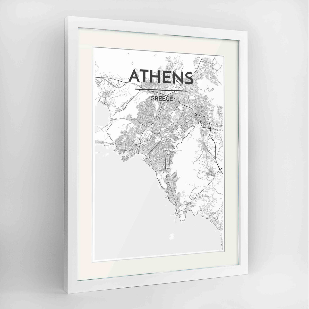 Framed Athens Map Art Print 24x36&quot; Contemporary White frame Point Two Design Group