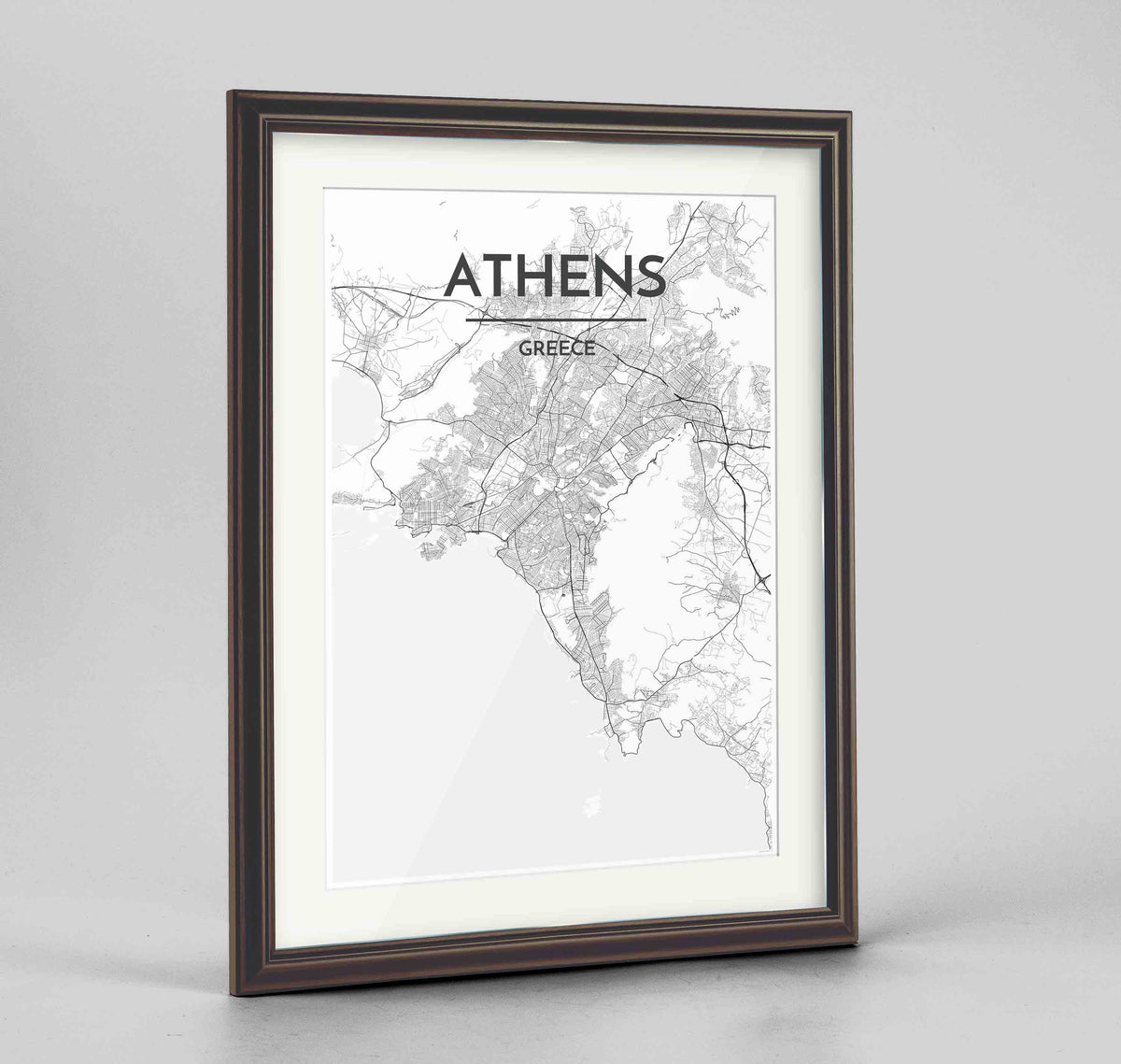Framed Athens Map Art Print 24x36&quot; Traditional Walnut frame Point Two Design Group
