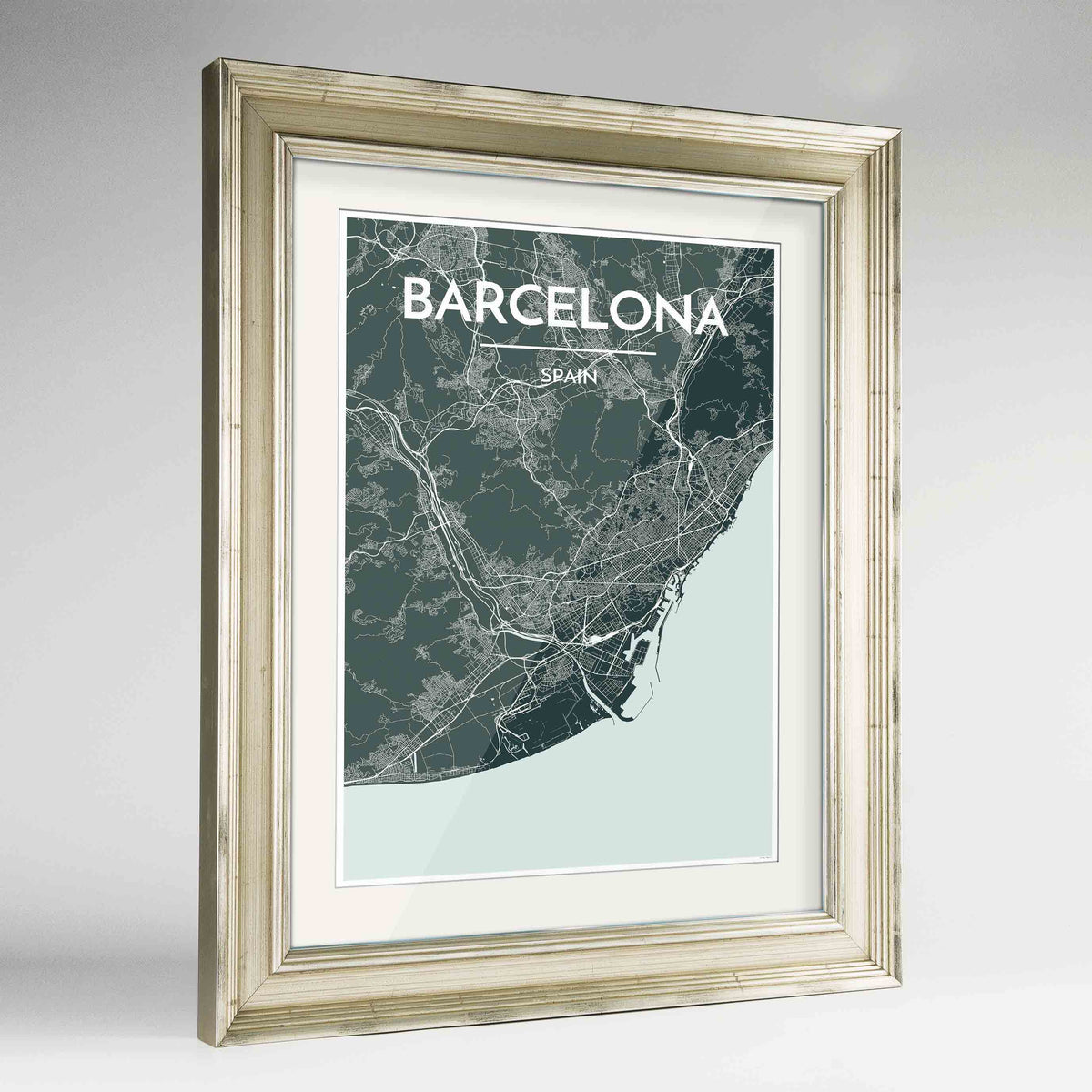 Framed Barcelona Map Art Print 24x36&quot; Champagne frame Point Two Design Group