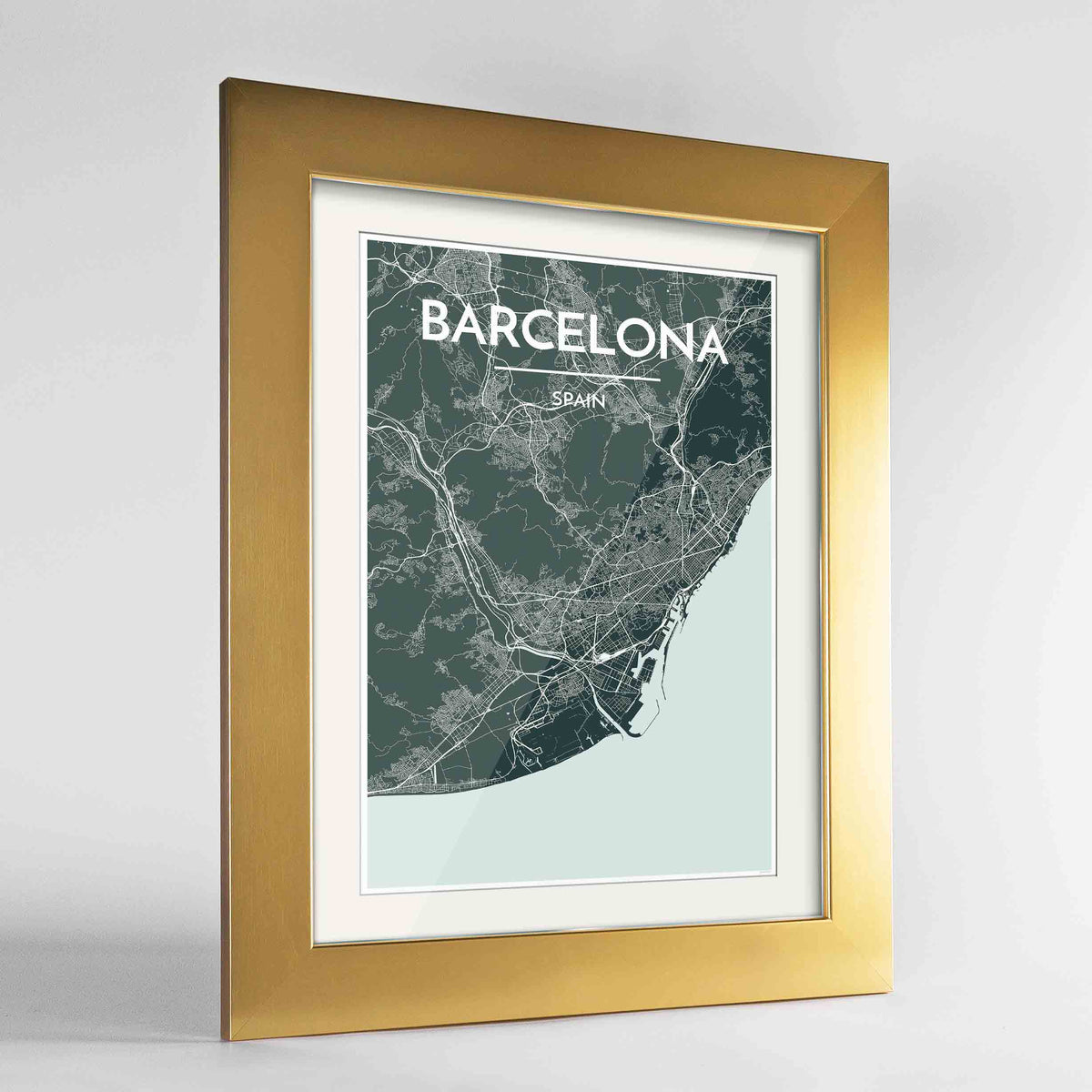 Framed Barcelona Map Art Print 24x36&quot; Gold frame Point Two Design Group