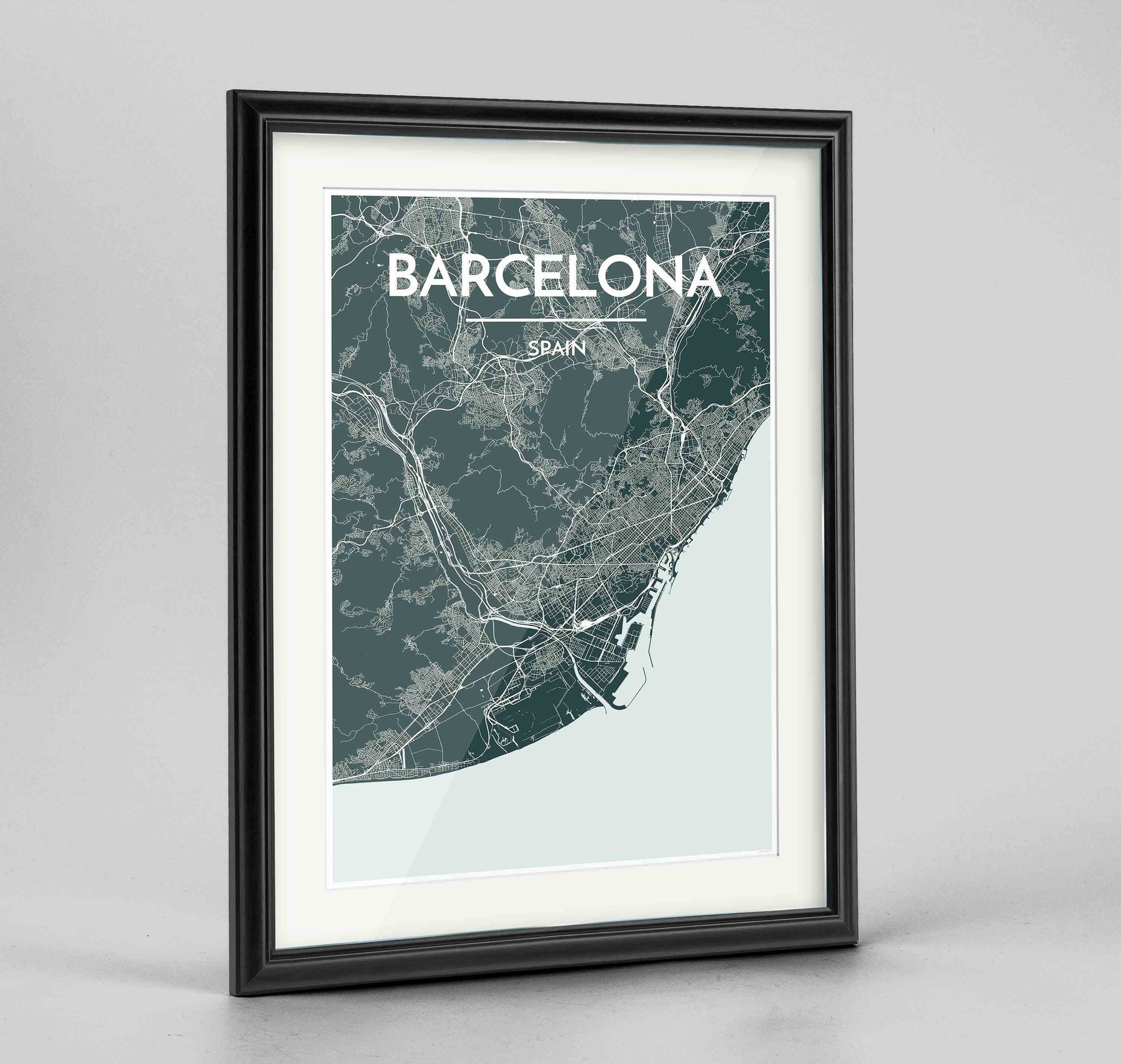 Framed Barcelona Map Art Print 24x36" Traditional Black frame Point Two Design Group