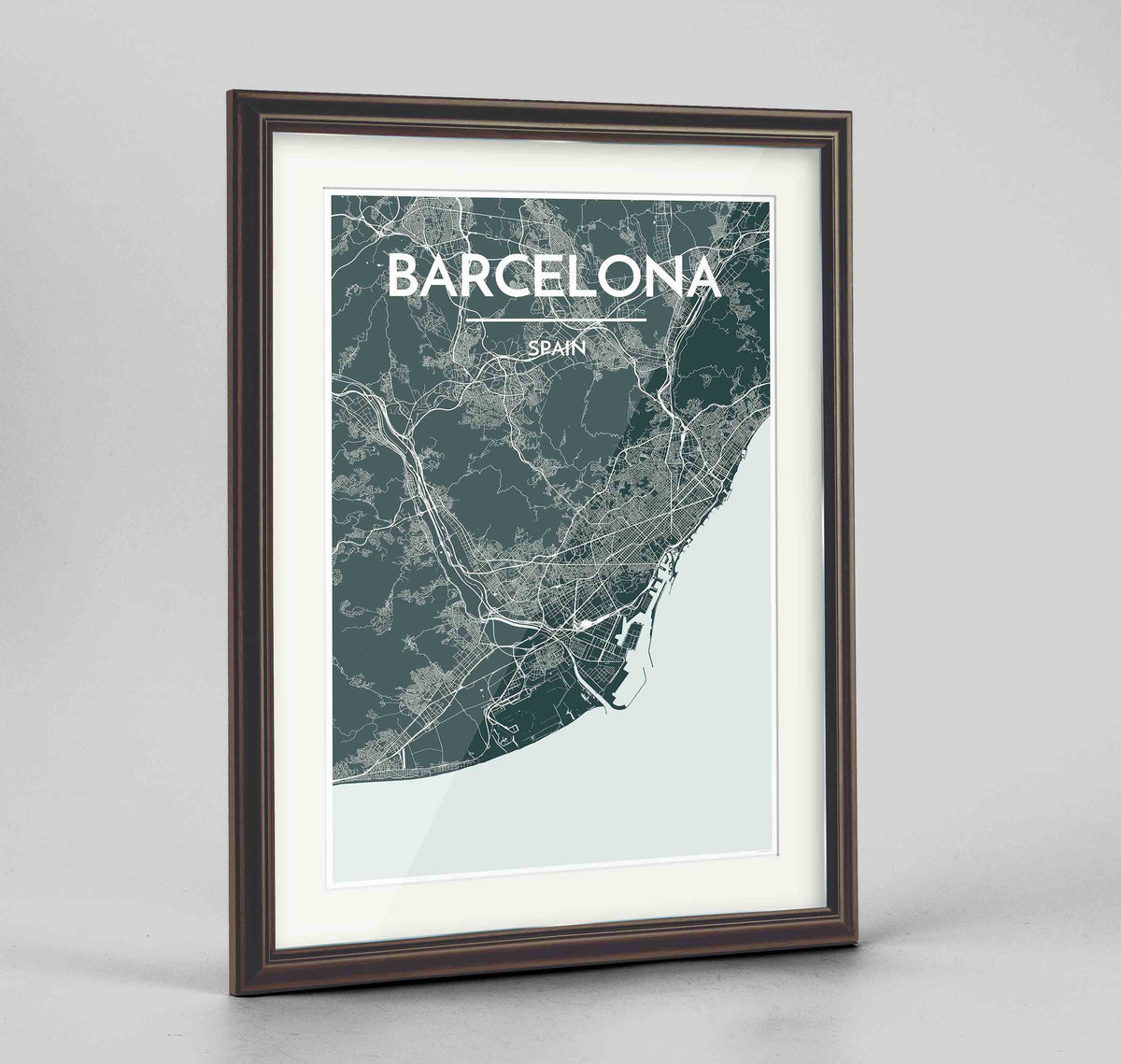 Framed Barcelona Map Art Print 24x36&quot; Traditional Walnut frame Point Two Design Group