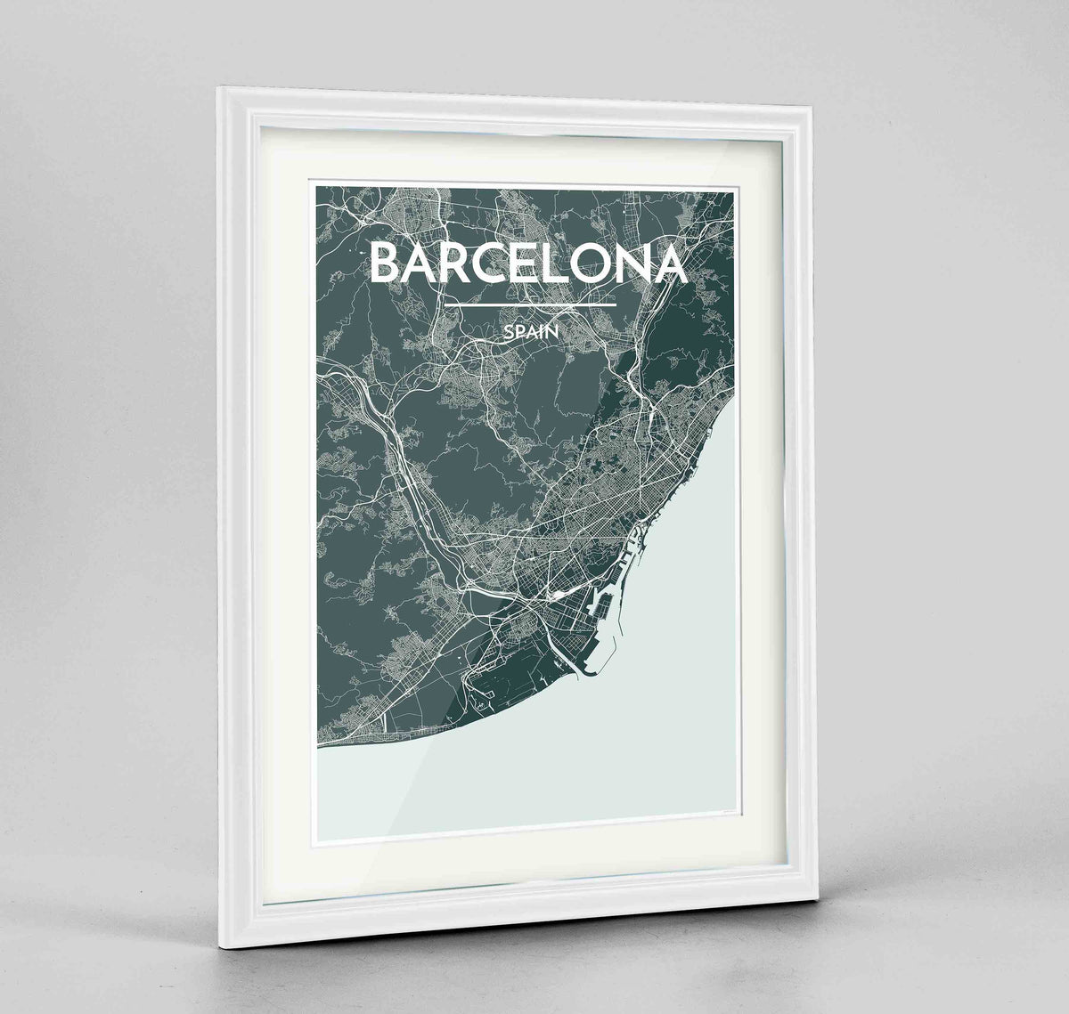 Framed Barcelona Map Art Print 24x36&quot; Traditional White frame Point Two Design Group