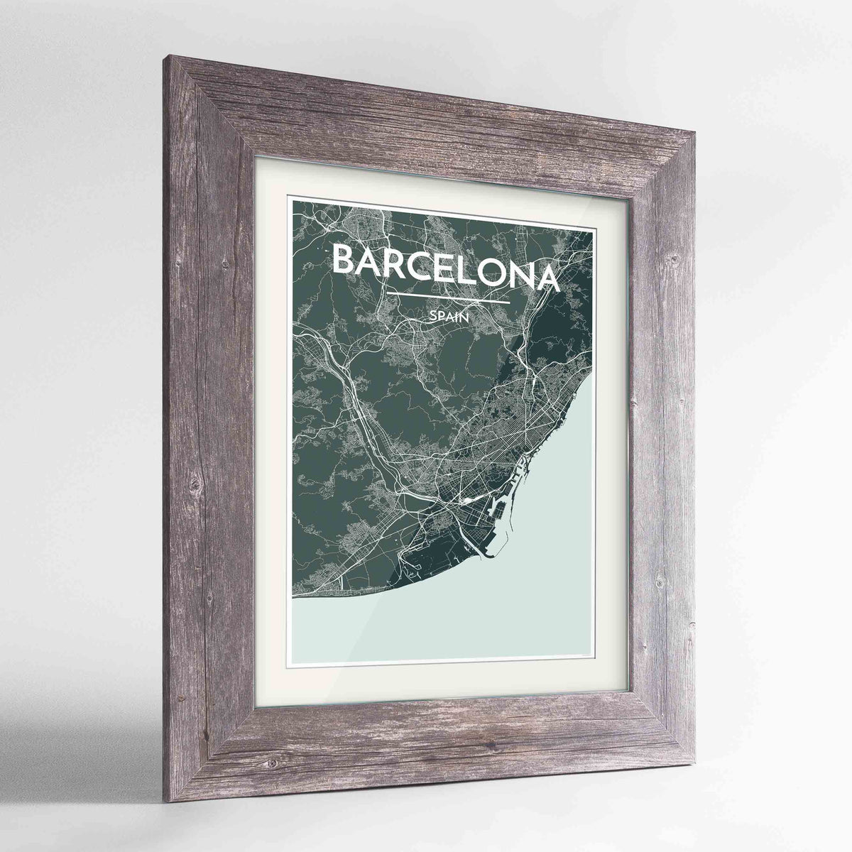 Framed Barcelona Map Art Print 24x36&quot; Western Grey frame Point Two Design Group
