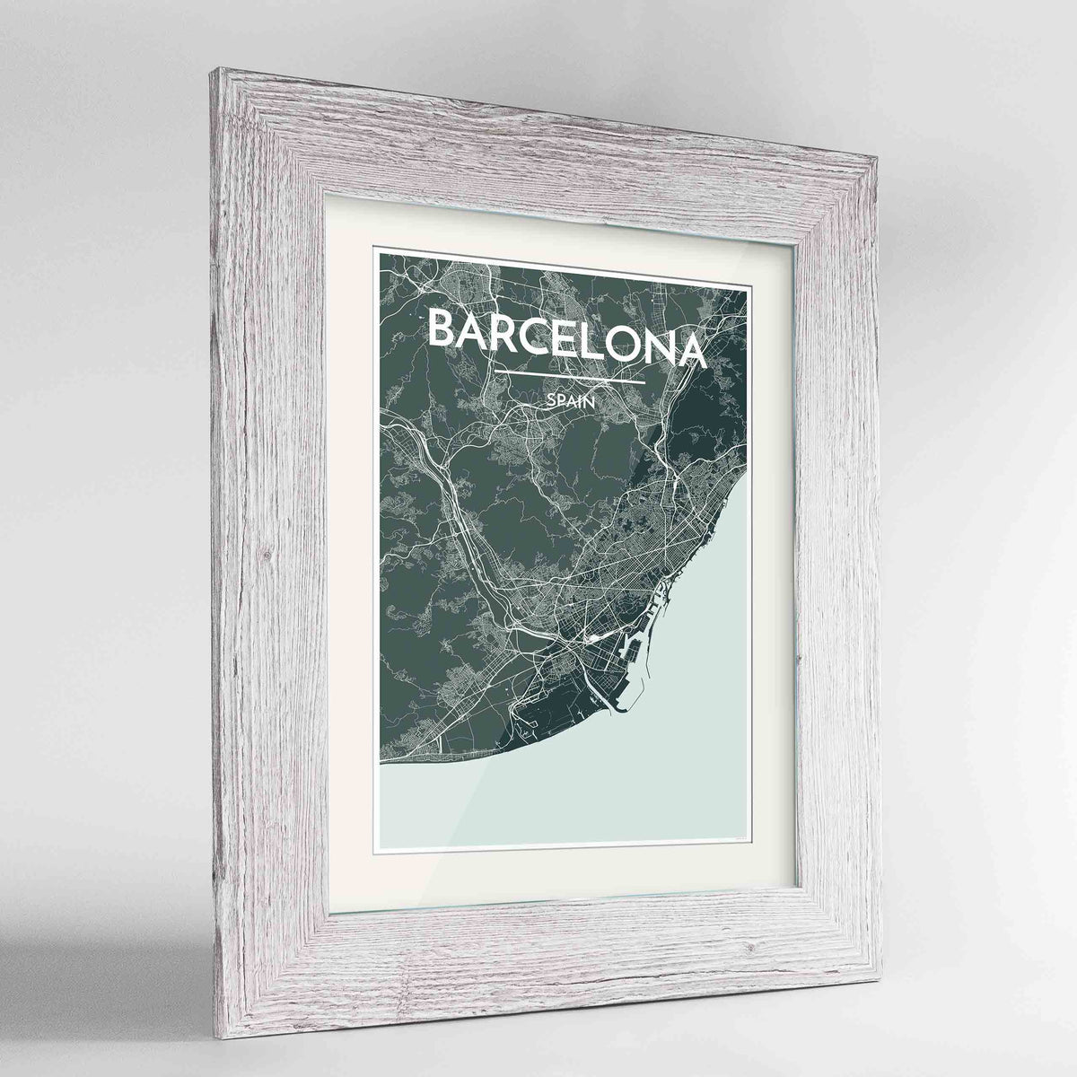 Framed Barcelona Map Art Print 24x36&quot; Western White frame Point Two Design Group