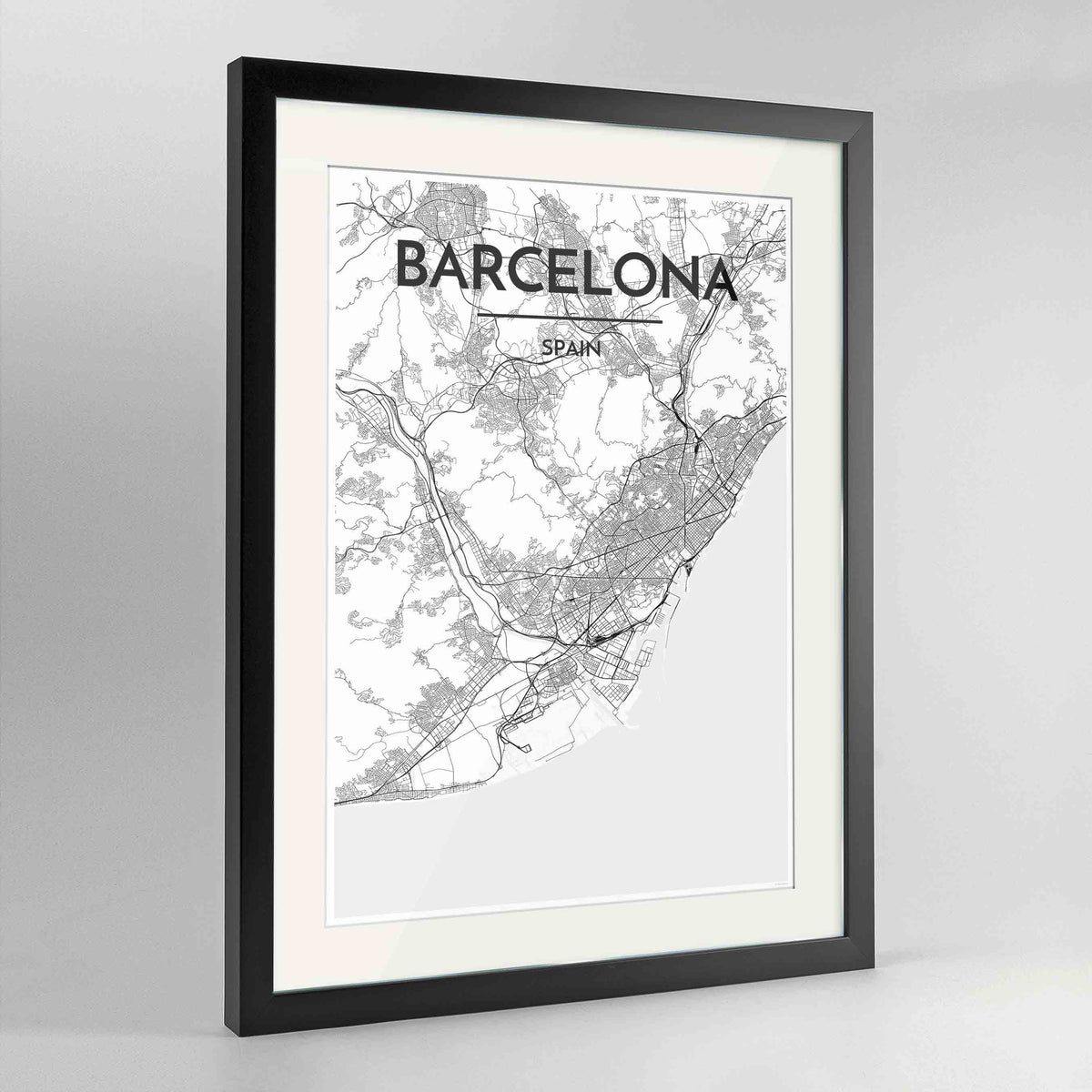 Framed Barcelona Map Art Print 24x36&quot; Contemporary Black frame Point Two Design Group