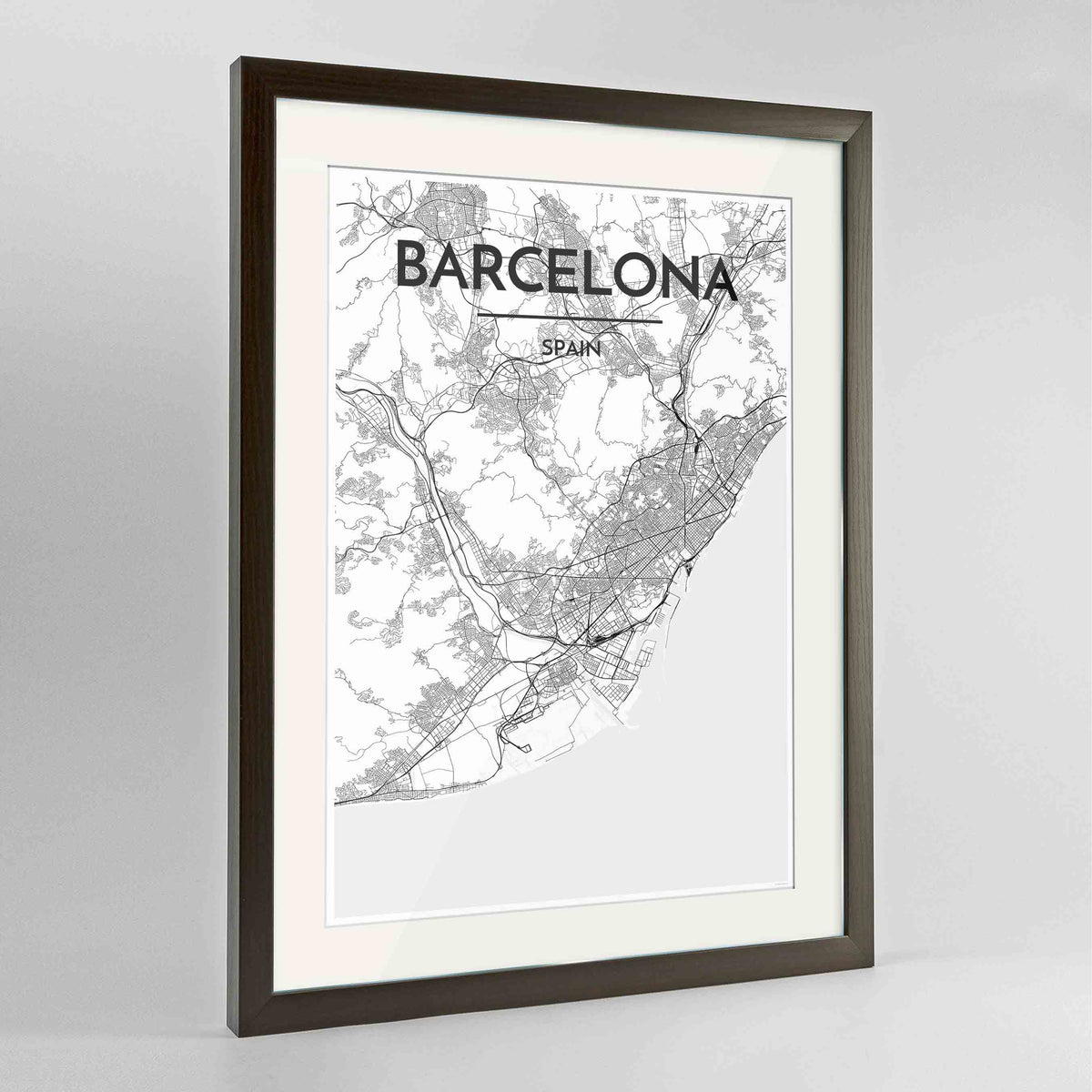 Framed Barcelona Map Art Print 24x36&quot; Contemporary Walnut frame Point Two Design Group