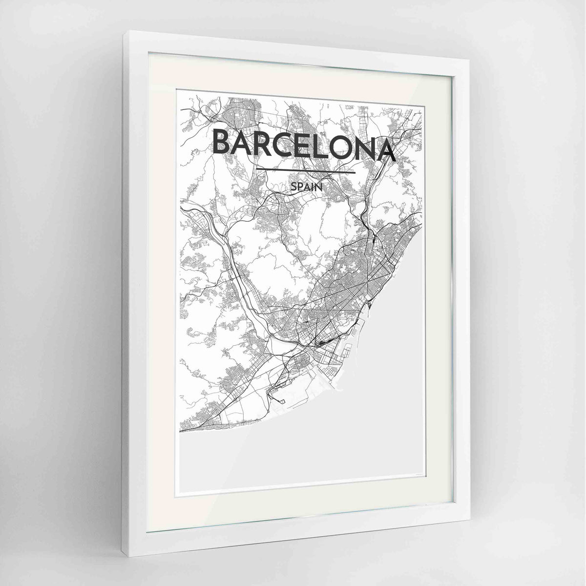 Framed Barcelona Map Art Print 24x36&quot; Contemporary White frame Point Two Design Group