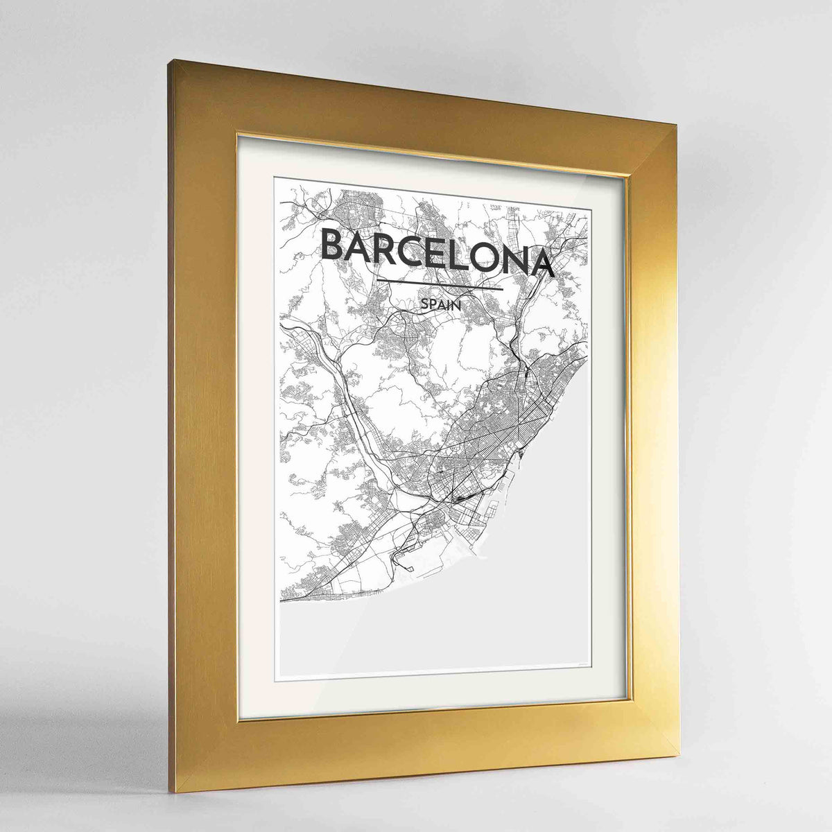 Framed Barcelona Map Art Print 24x36&quot; Gold frame Point Two Design Group