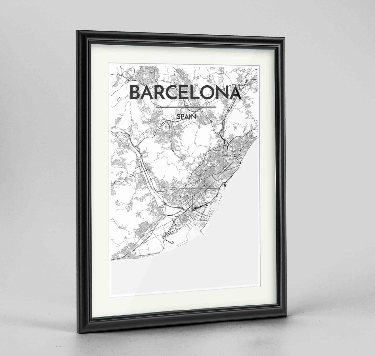Framed Barcelona Map Art Print 24x36&quot; Traditional Black frame Point Two Design Group
