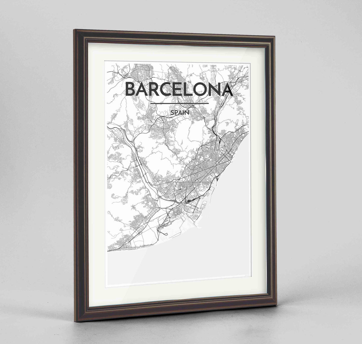 Framed Barcelona Map Art Print 24x36&quot; Traditional Walnut frame Point Two Design Group