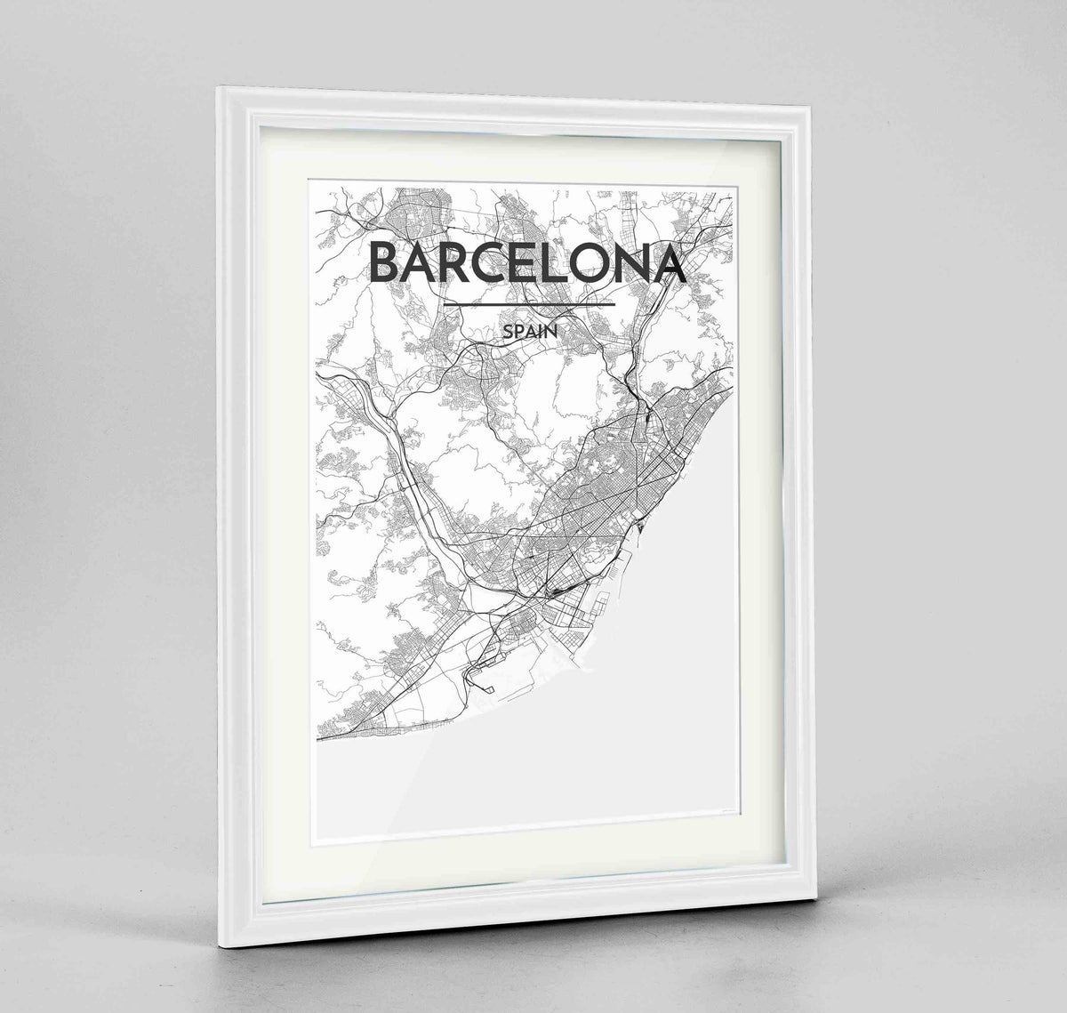 Framed Barcelona Map Art Print 24x36&quot; Traditional White frame Point Two Design Group