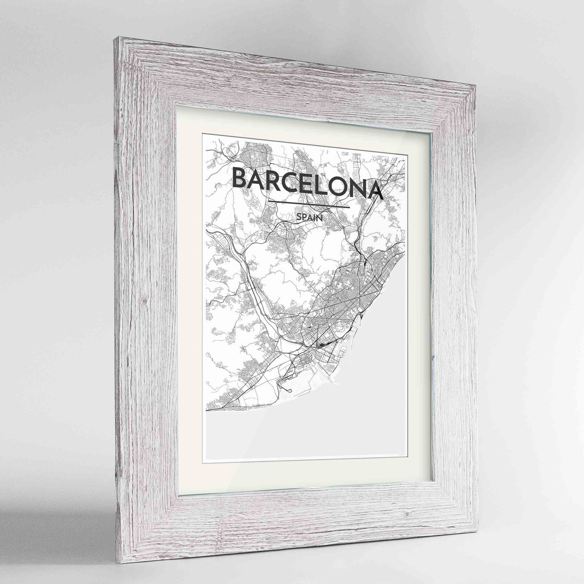 Framed Barcelona Map Art Print 24x36&quot; Western White frame Point Two Design Group