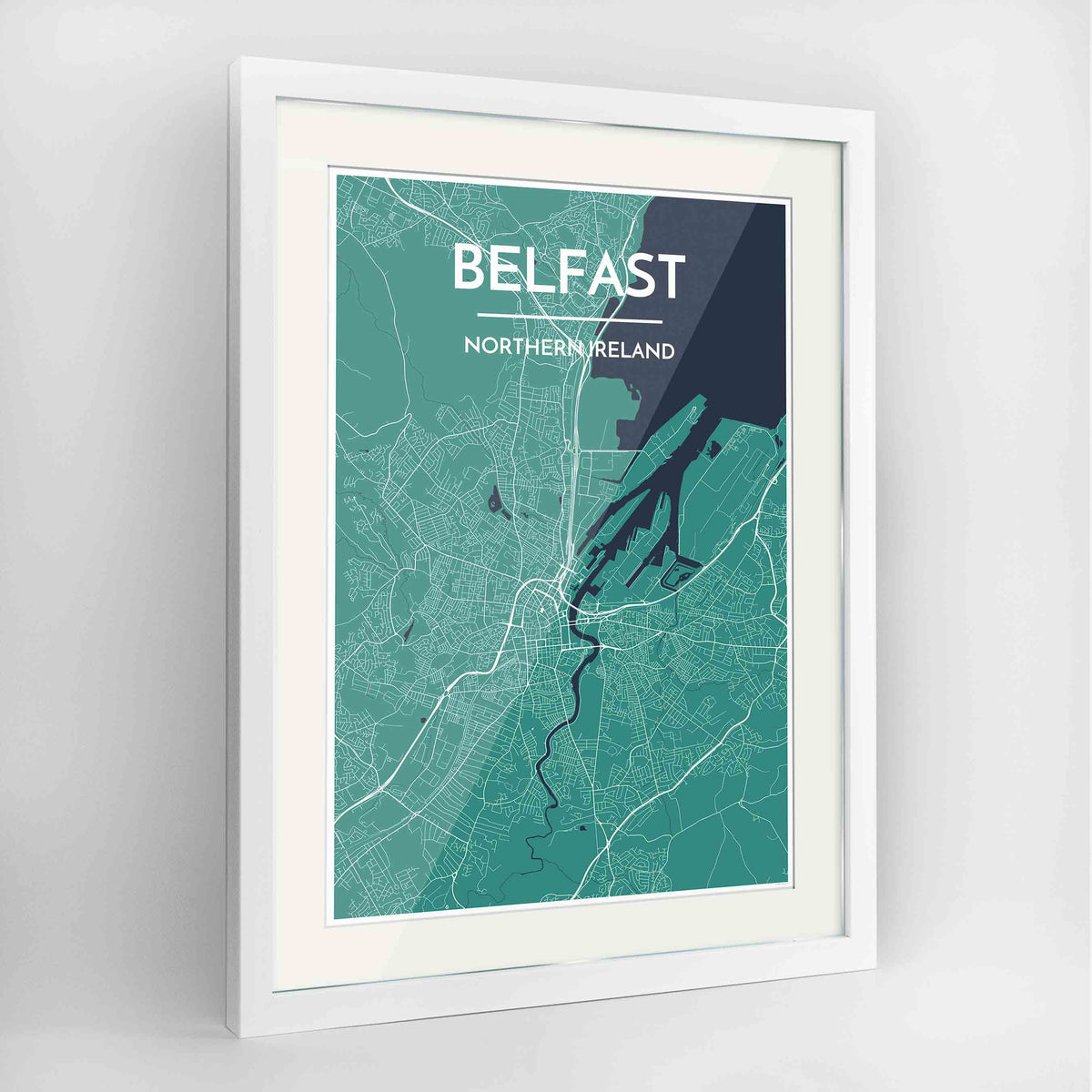 Framed Belfast Map Art Print 24x36&quot; Contemporary White frame Point Two Design Group