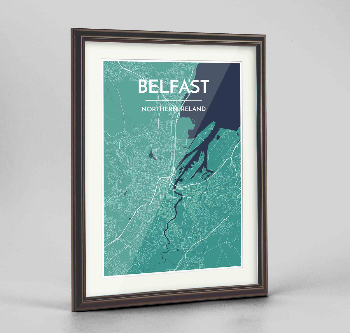 Framed Belfast Map Art Print 24x36&quot; Traditional Walnut frame Point Two Design Group