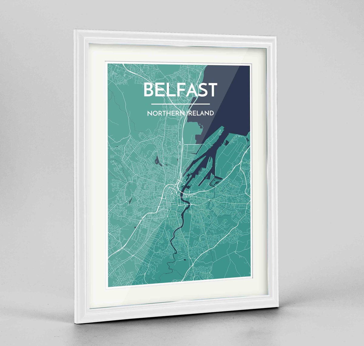 Framed Belfast Map Art Print 24x36&quot; Traditional White frame Point Two Design Group