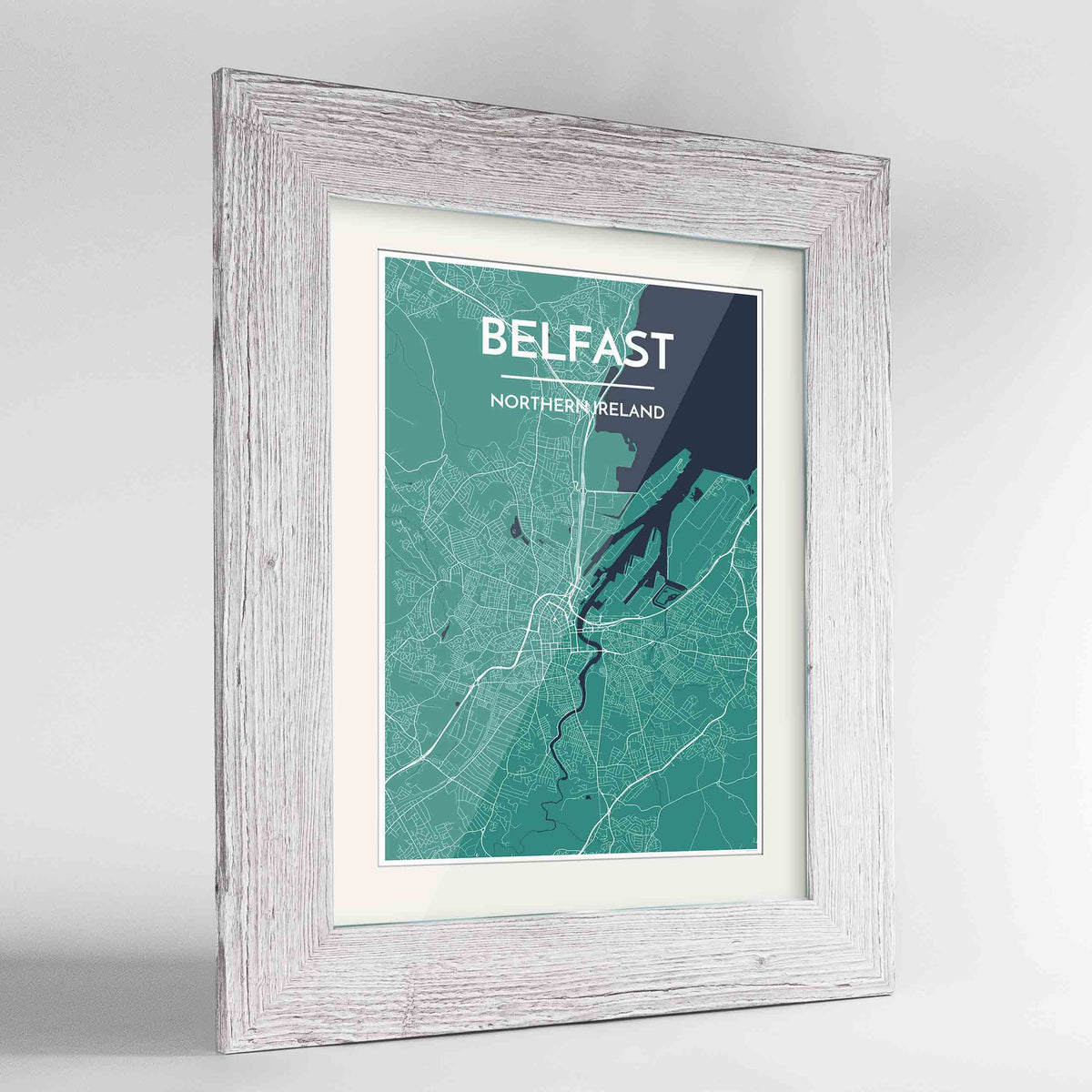 Framed Belfast Map Art Print 24x36&quot; Western White frame Point Two Design Group