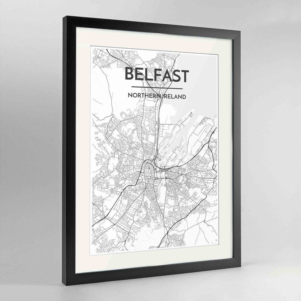 Framed Belfast Map Art Print 24x36&quot; Contemporary Black frame Point Two Design Group