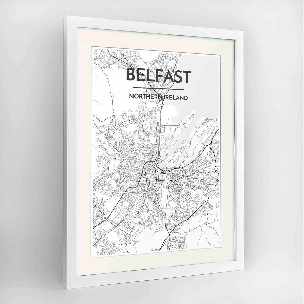 Framed Belfast Map Art Print 24x36&quot; Contemporary White frame Point Two Design Group