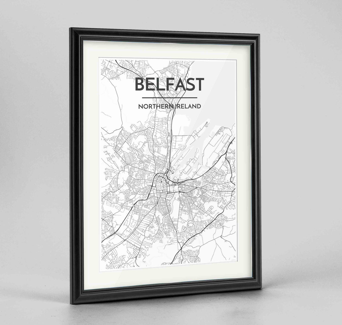 Framed Belfast Map Art Print 24x36&quot; Traditional Black frame Point Two Design Group