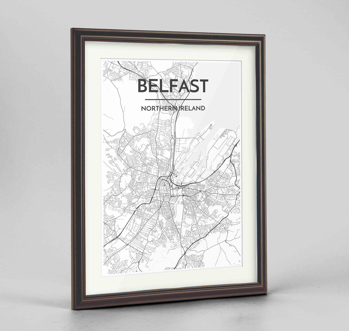 Framed Belfast Map Art Print 24x36&quot; Traditional Walnut frame Point Two Design Group