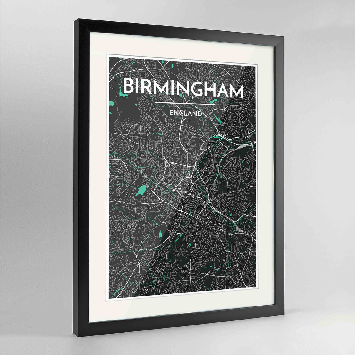 Framed Birminghan Map Art Print 24x36&quot; Contemporary Black frame Point Two Design Group