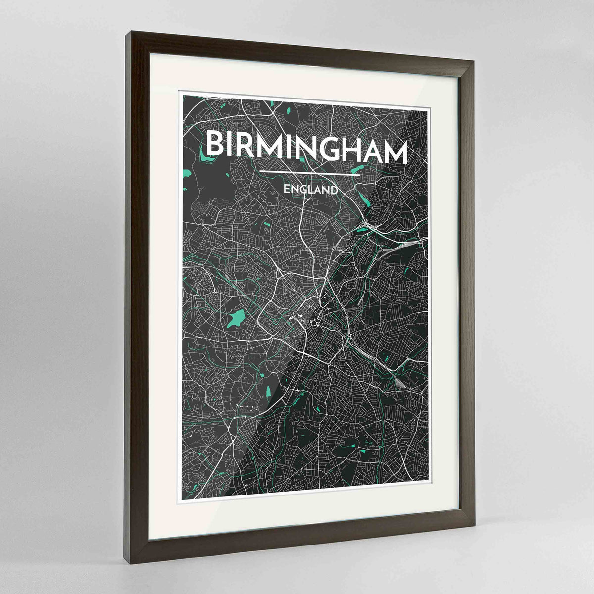 Framed Birminghan Map Art Print 24x36&quot; Contemporary Walnut frame Point Two Design Group