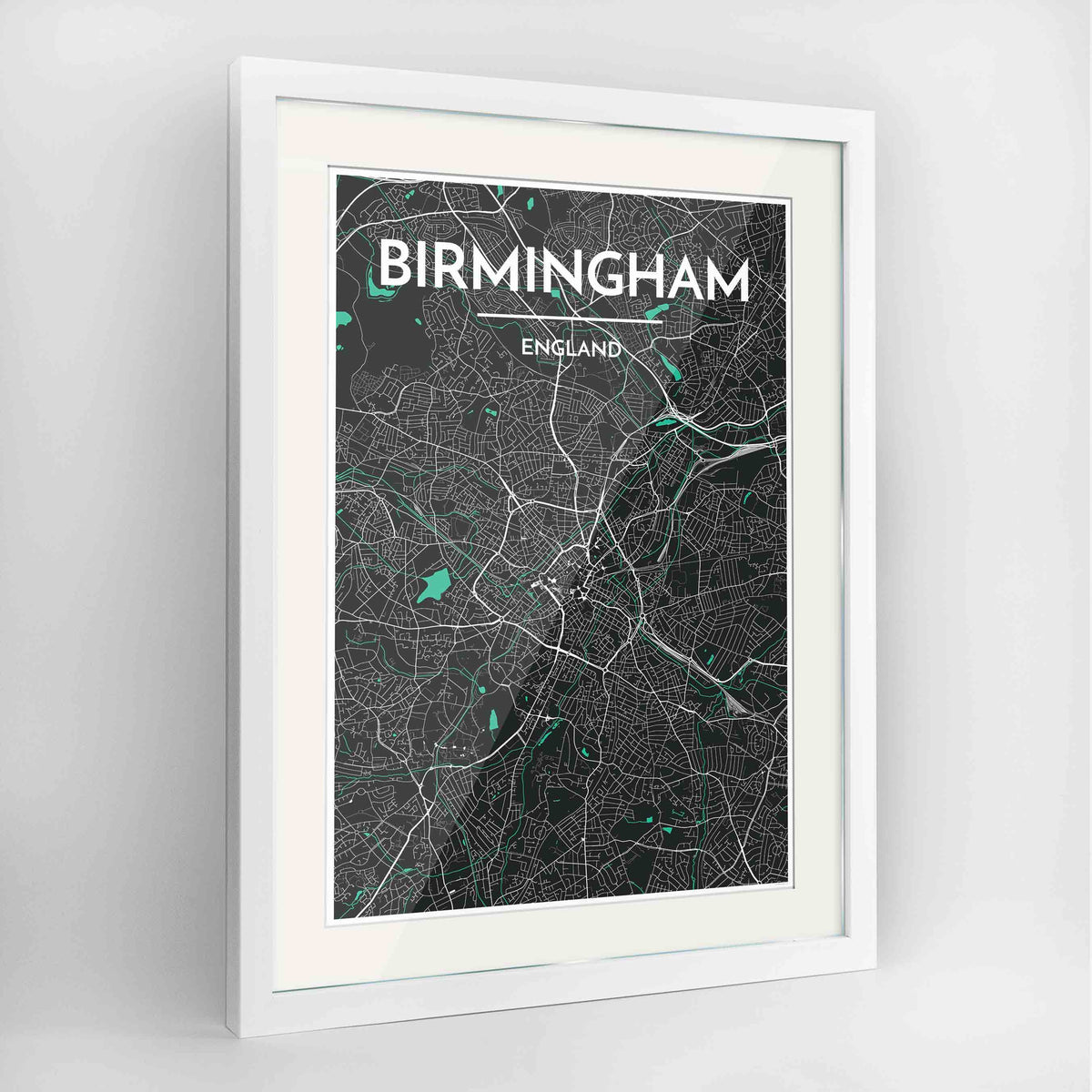 Framed Birminghan Map Art Print 24x36&quot; Contemporary White frame Point Two Design Group