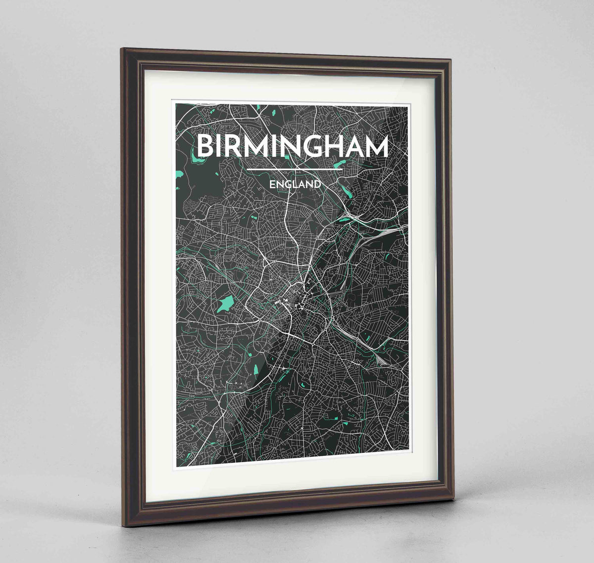 Framed Birminghan Map Art Print 24x36&quot; Traditional Walnut frame Point Two Design Group