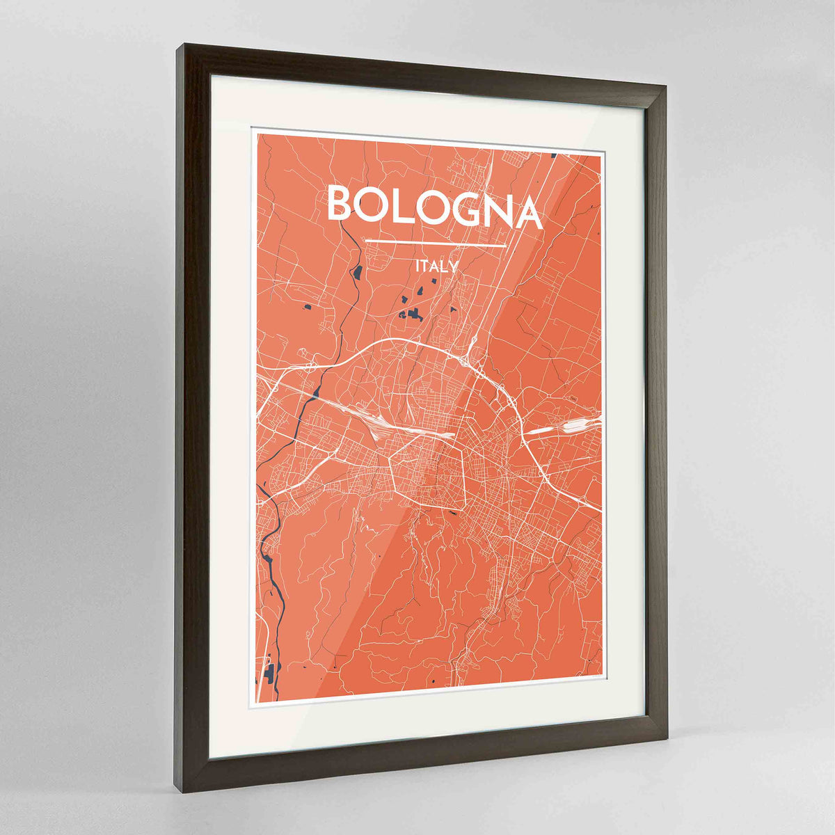 Framed Bologna City Map 24x36&quot; Contemporary Walnut frame Point Two Design Group