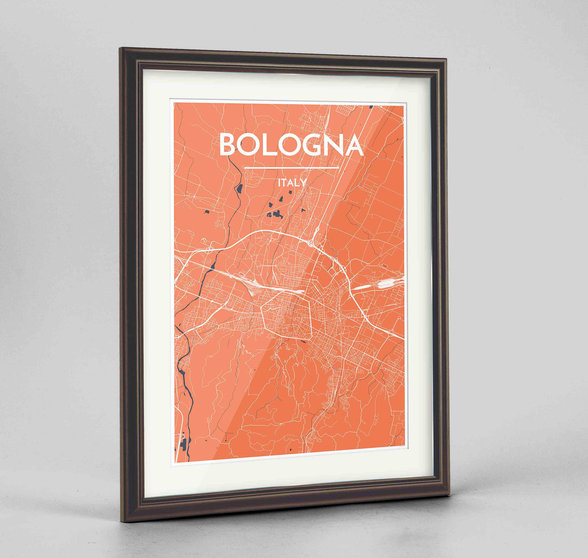 Framed Bologna City Map 24x36&quot; Traditional Walnut frame Point Two Design Group