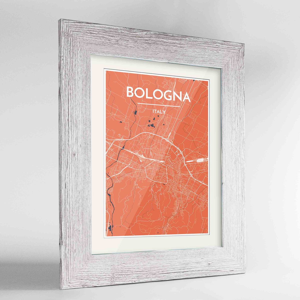 Framed Bologna City Map 24x36&quot; Western White frame Point Two Design Group