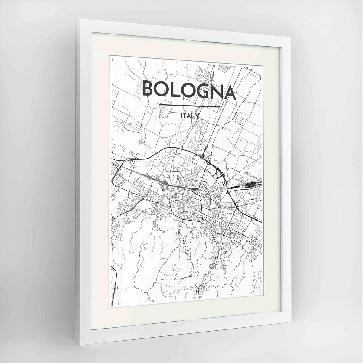 Framed Bologna City Map 24x36&quot; Contemporary White frame Point Two Design Group