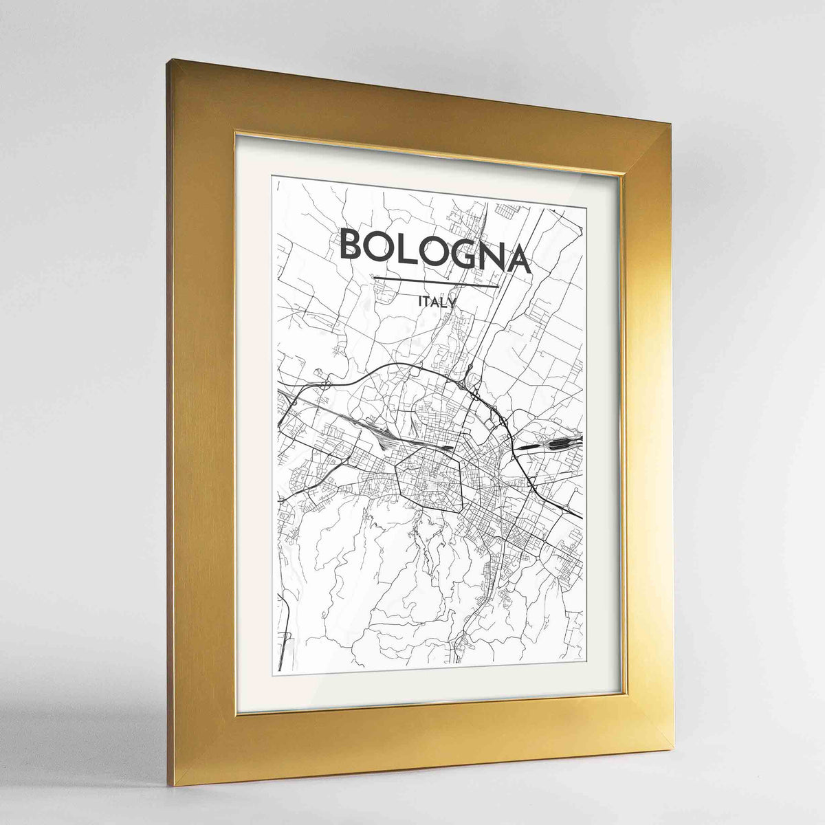 Framed Bologna City Map 24x36&quot; Gold frame Point Two Design Group