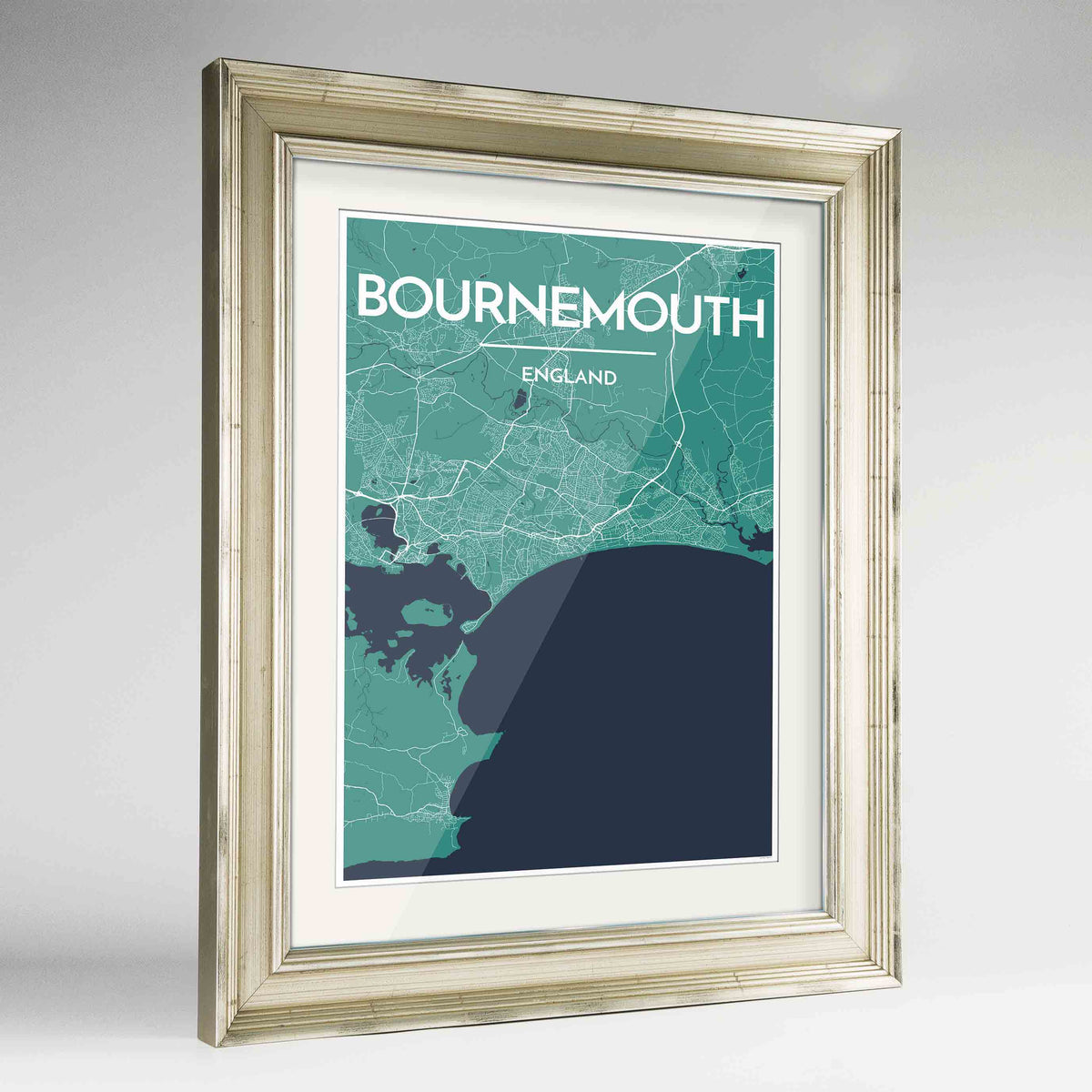 Framed Bournemouth Map Art Print 24x36&quot; Champagne frame Point Two Design Group