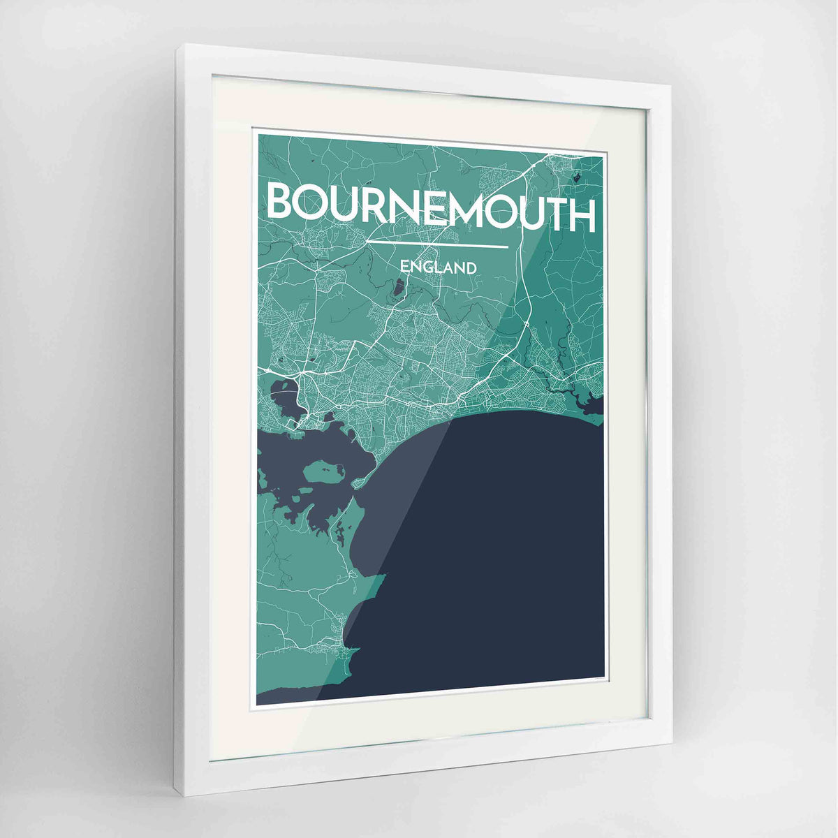 Framed Bournemouth Map Art Print 24x36&quot; Contemporary White frame Point Two Design Group