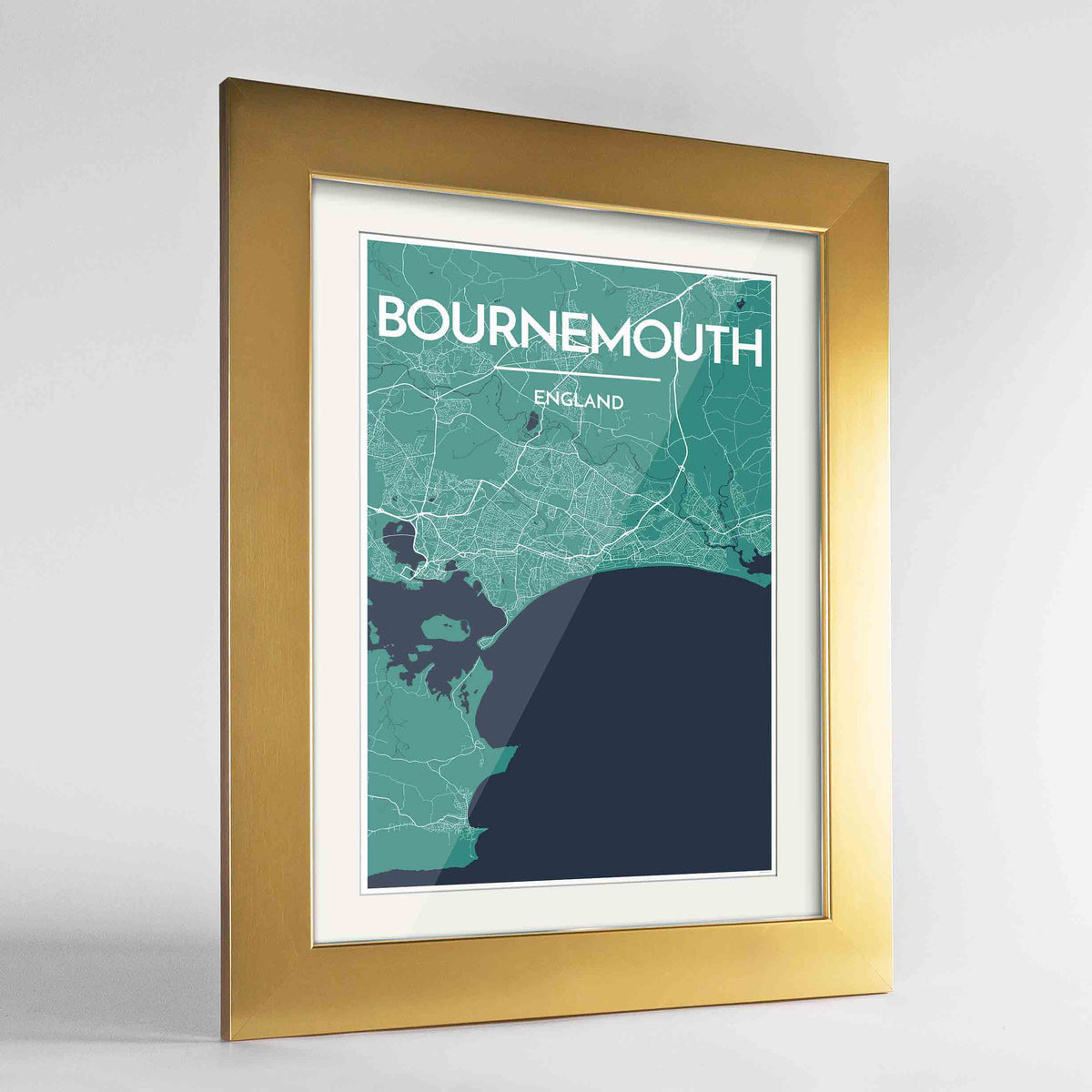 Framed Bournemouth Map Art Print 24x36&quot; Gold frame Point Two Design Group