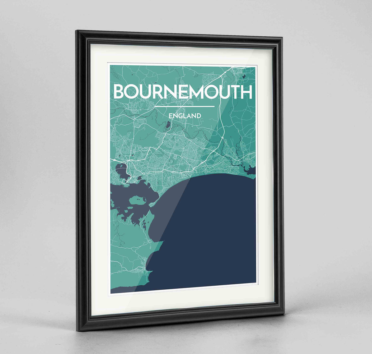 Framed Bournemouth Map Art Print 24x36&quot; Traditional Black frame Point Two Design Group