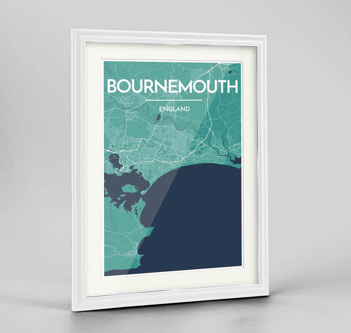 Framed Bournemouth Map Art Print 24x36&quot; Traditional White frame Point Two Design Group